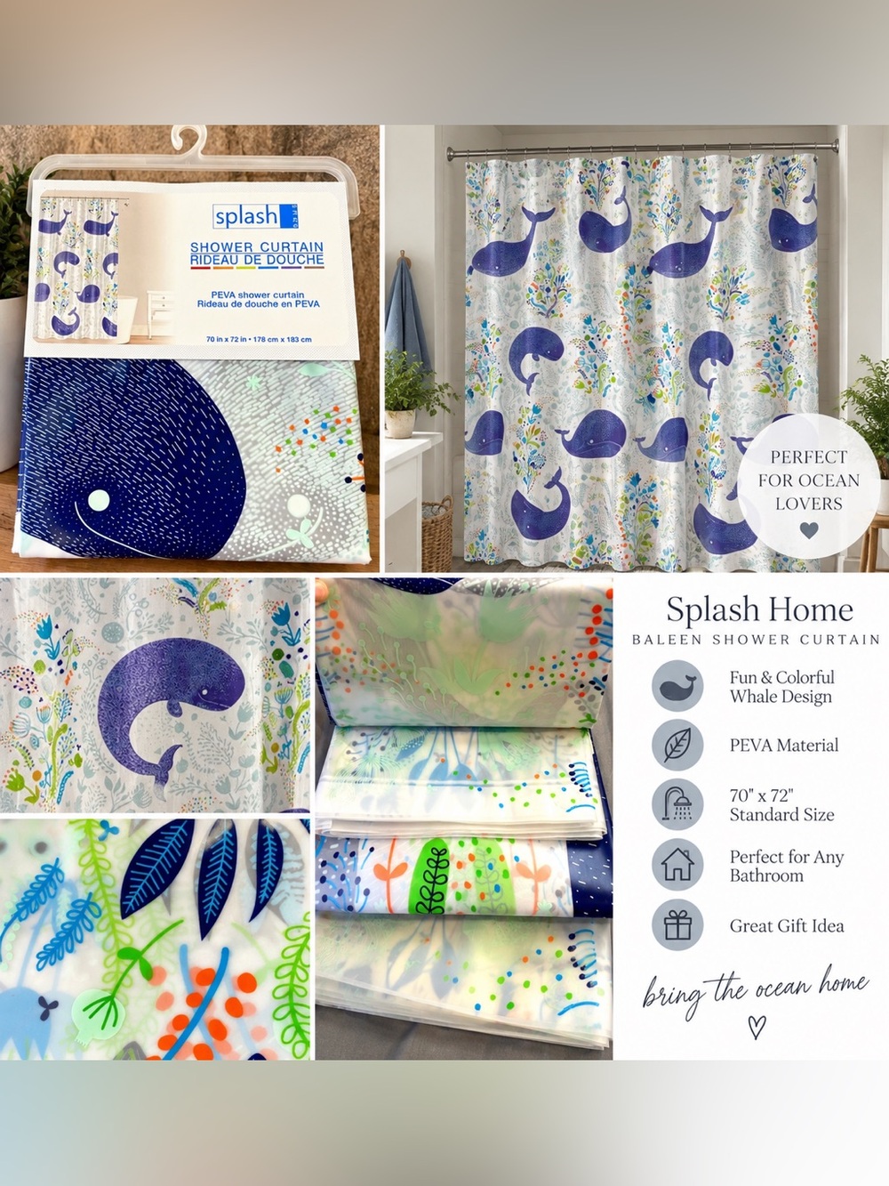 🐋 Splash Home Baleen Whale Shower Curtain | NWT | 70” x 72”